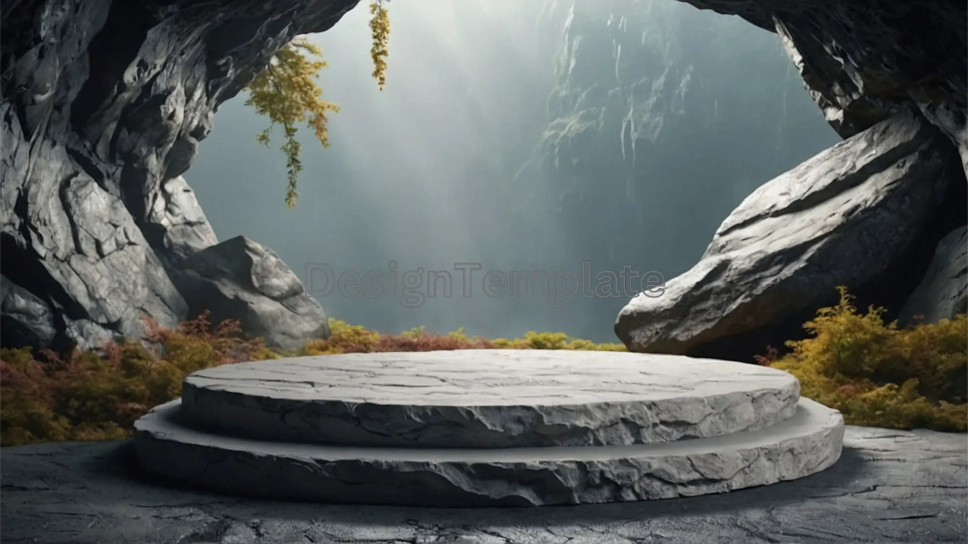 Natural Design Background with Mountain Cave Stone Circle Podium